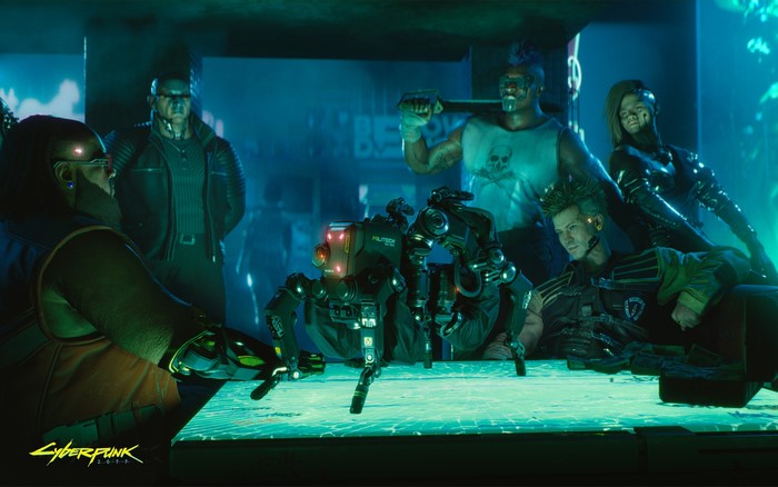 Cyberpunk 2077 characters and robots gathered around a table