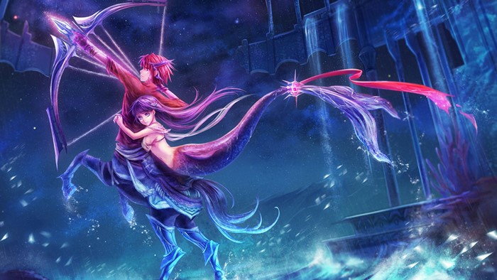 Anime Centaur Archer and Mermaid in Cosmic Setting