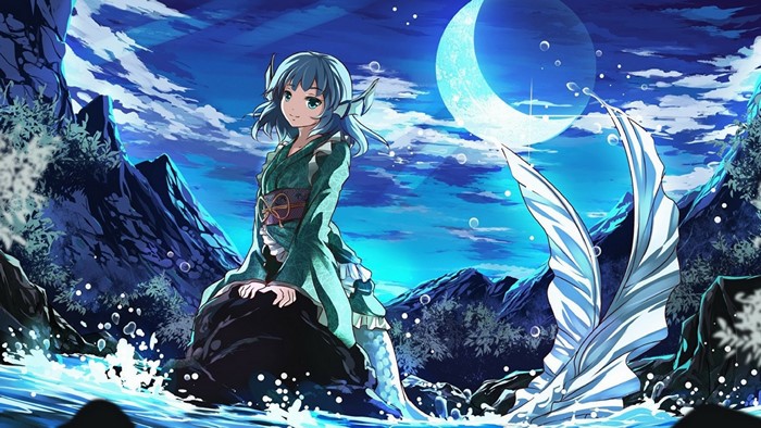 Anime mermaid with blue hair and kimono by the moon