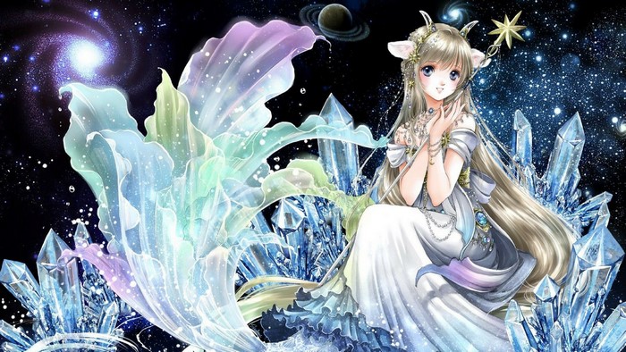 Anime girl with goat horns and crystals in space