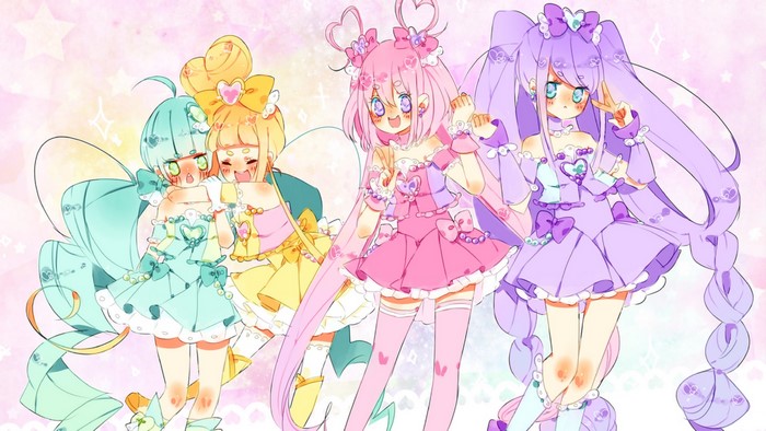 Three anime girls with colorful hair and dresses