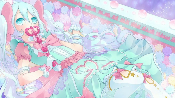 Anime girl with twintails and wand in pastel setting