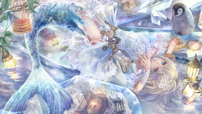 Mermaid with heterochromia and penguin in icy environment