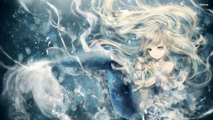 Anime mermaid holding a doll underwater