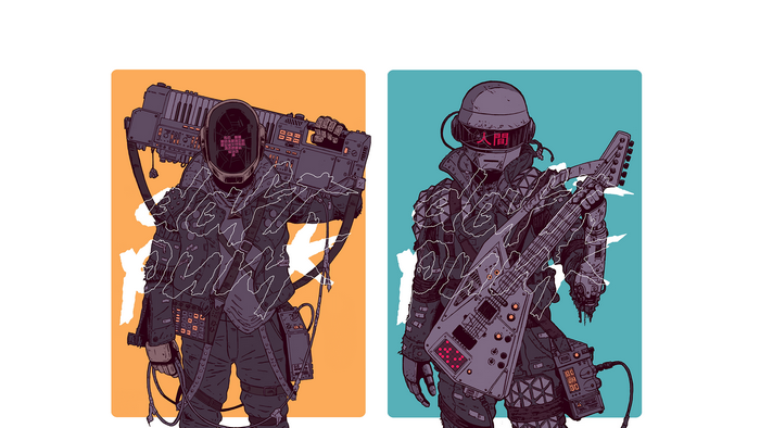 Artwork of two robots with musical instruments