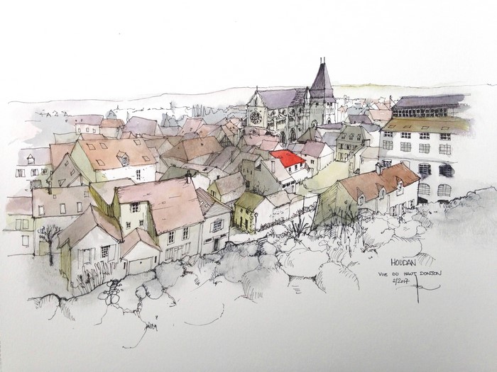 Watercolor painting of Houdan, France