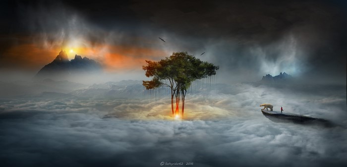 Fantasy landscape with a tree, mountains, and a polar bear