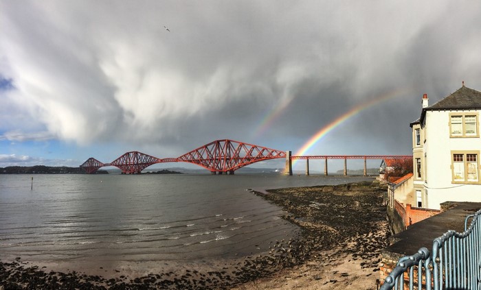 Forth Bridge with Rainbow and House
