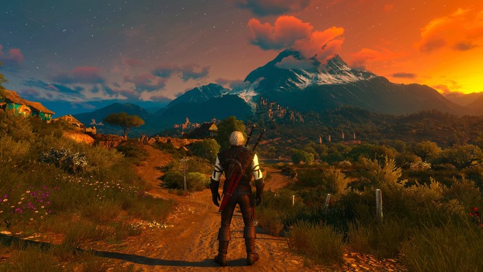 Geralt of Rivia from The Witcher 3: Wild Hunt at sunset