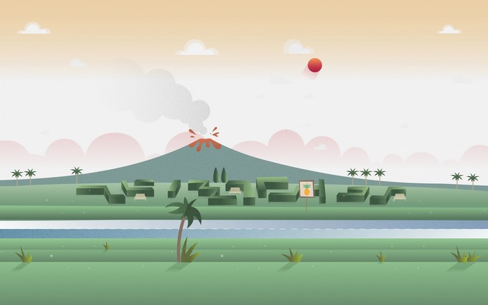 Volcano eruption with maze and pineapple sign