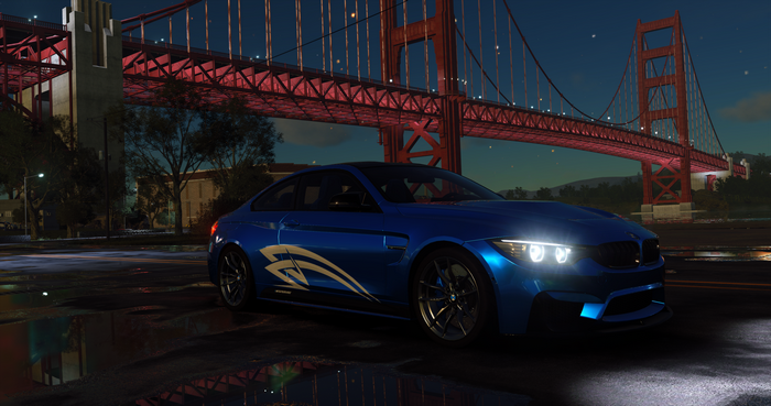 BMW M4 from The Crew 2 near Golden Gate Bridge