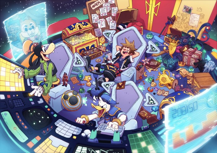 Sora, Donald, and Goofy in Kingdom Hearts 3 spaceship