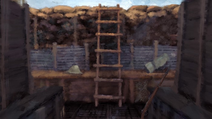 Trench warfare scene with ladder and rifle