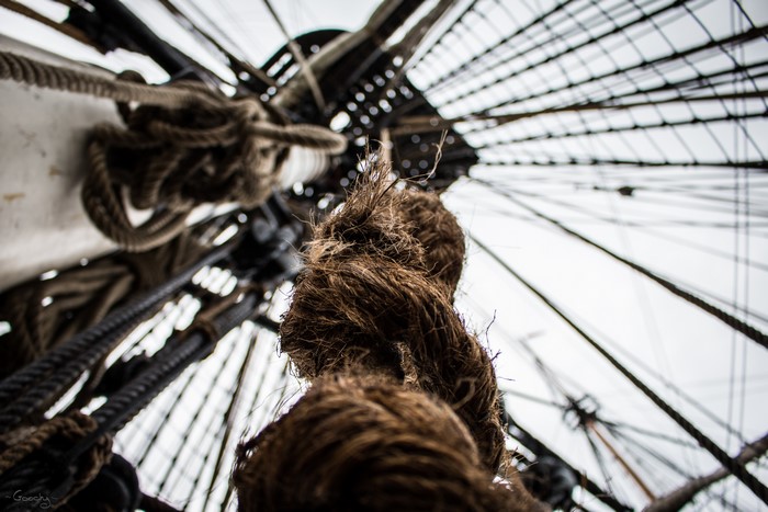 Sailing ship rigging and ropes from below