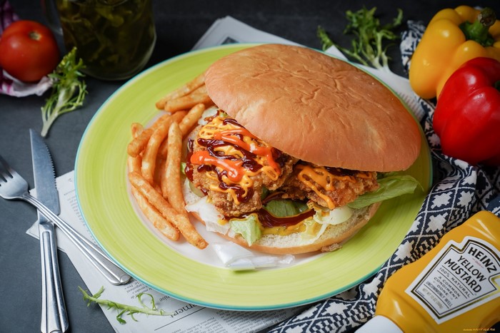 Burger with fries and Heinz mustard