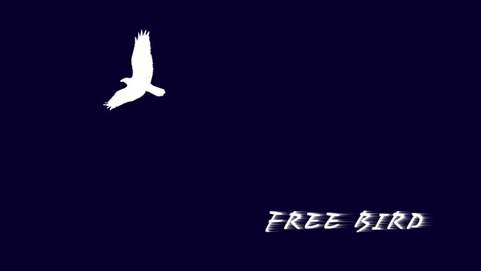 White eagle silhouette flying over dark blue background with text