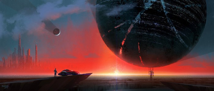 Futuristic city and alien planet with a car and person