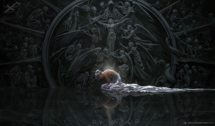 Woman in white dress kneeling before skeletal figures
