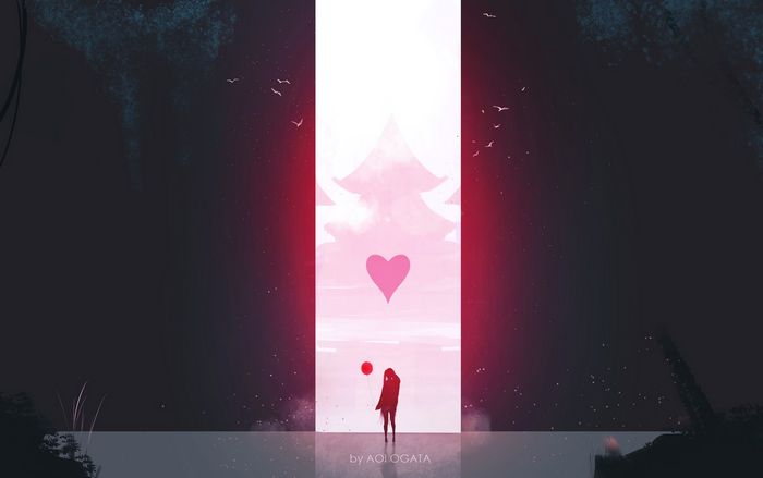 Woman with Red Balloon and Pink Heart Artwork by Aoi Ogata