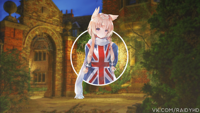 Anime girl with Union Jack outfit in front of a building