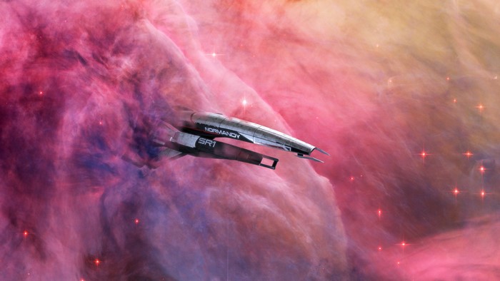 Normandy SR-1 spaceship in a nebula from Mass Effect