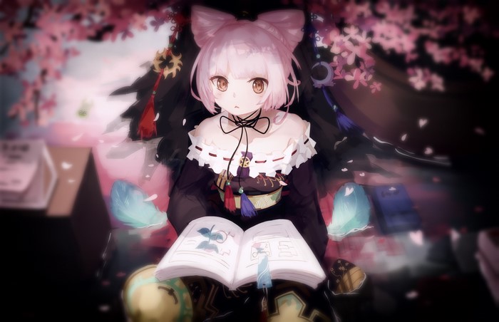 Anime girl with pink nekomimi reading a book