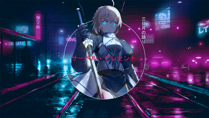 Saber from Fate/Stay Night in a Cyberpunk City