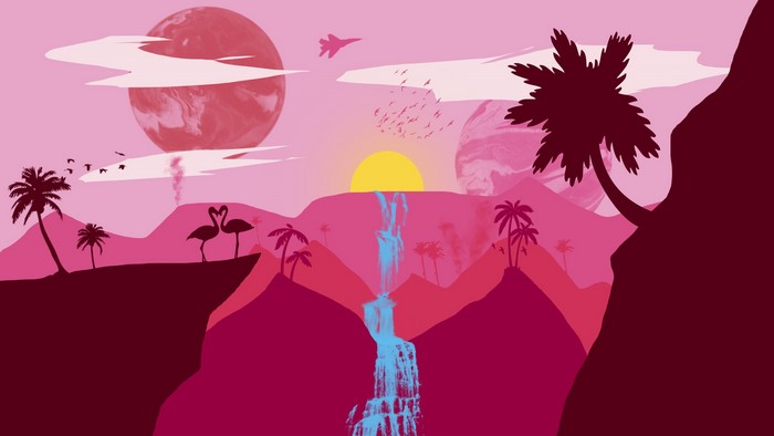 Digital art of a surreal pink landscape with planets, flamingos, and a waterfall