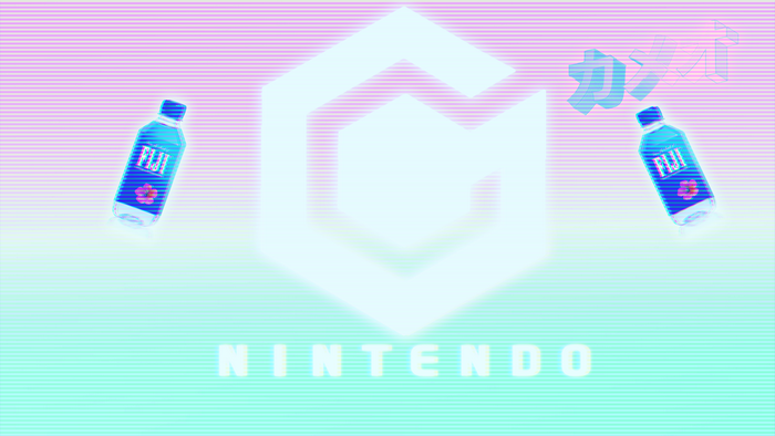 Nintendo GameCube logo with Fiji water bottles and Katakana