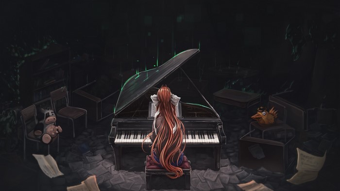 Monika from Doki Doki Literature Club playing piano