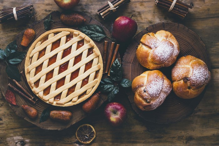 Apple pie and pastries with apples and cinnamon