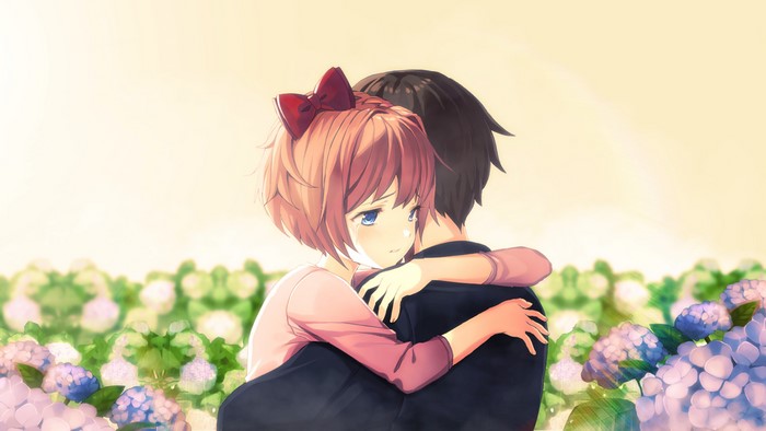 Sayori from Doki Doki Literature Club hugging a male character