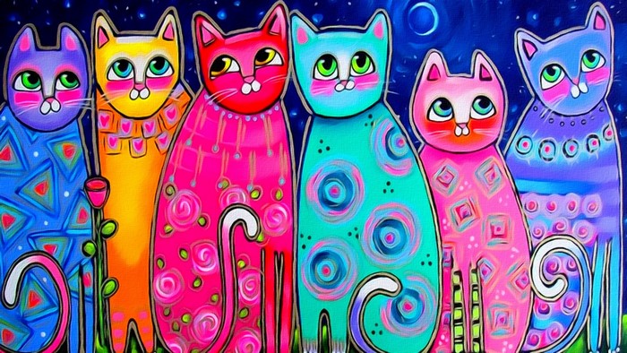 Six colorful cats in a row against a starry night sky