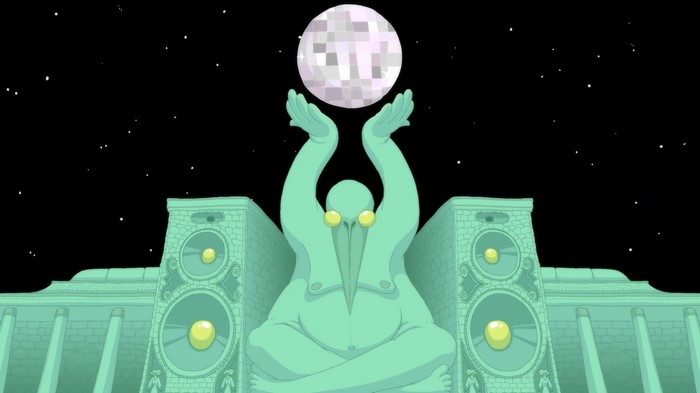 Artwork of a figure holding a disco ball in front of speakers