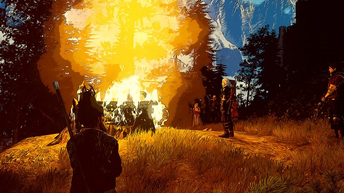 The Witcher 3: Wild Hunt characters around a campfire