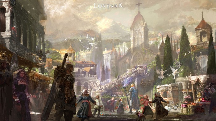 Lost Ark Fantasy City with People and Birds