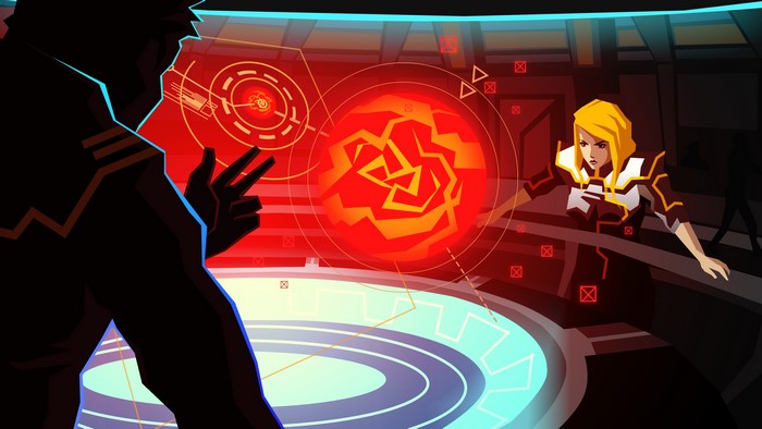Characters in a futuristic control room with holographic display