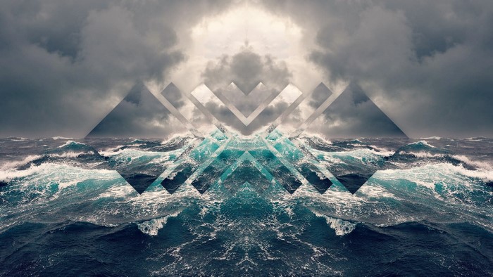 Abstract mirrored stormy sea with geometric overlay