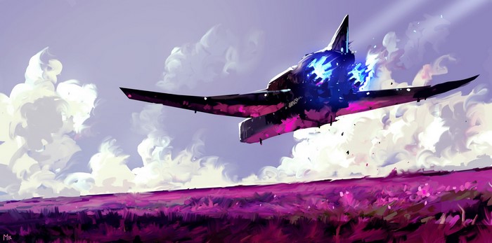 Futuristic spaceship flying over a purple field with clouds