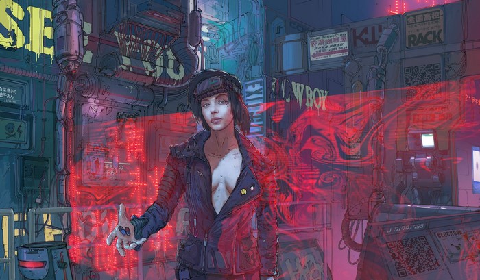 Cyberpunk woman with pills in neon city