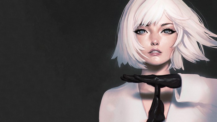 Woman with white hair and black gloves