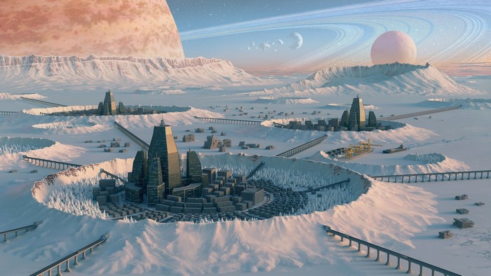 Alien city on a snowy planet with rings of Saturn