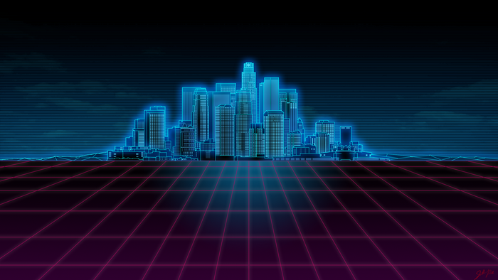 Neon cityscape with digital grid