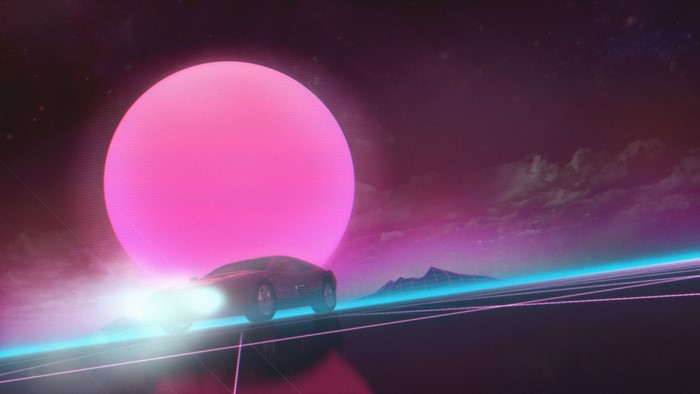 Retro car driving towards a giant pink sun