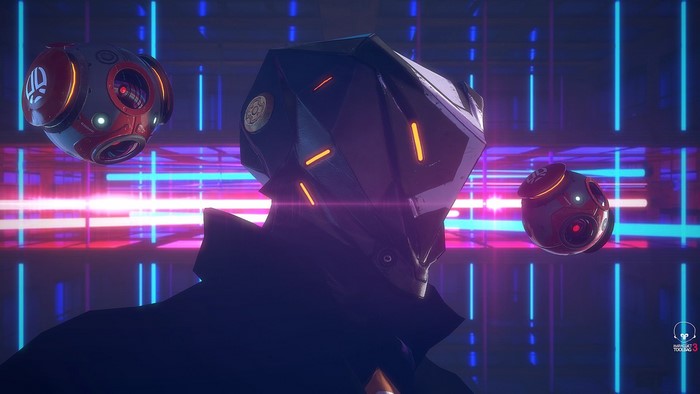 Cyberpunk character with drones in neon city