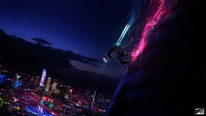 Cyberpunk character with neon lights in a city at night