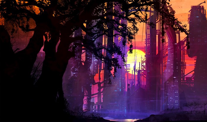 Cyberpunk city with a large tree at sunset