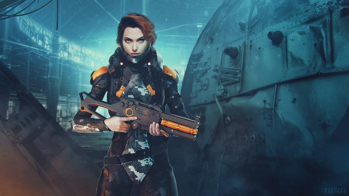 Woman in futuristic armor holding a weapon