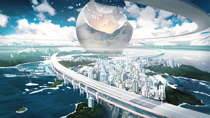 Futuristic city with a giant sphere above