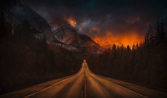 Road through forest towards mountains at sunset